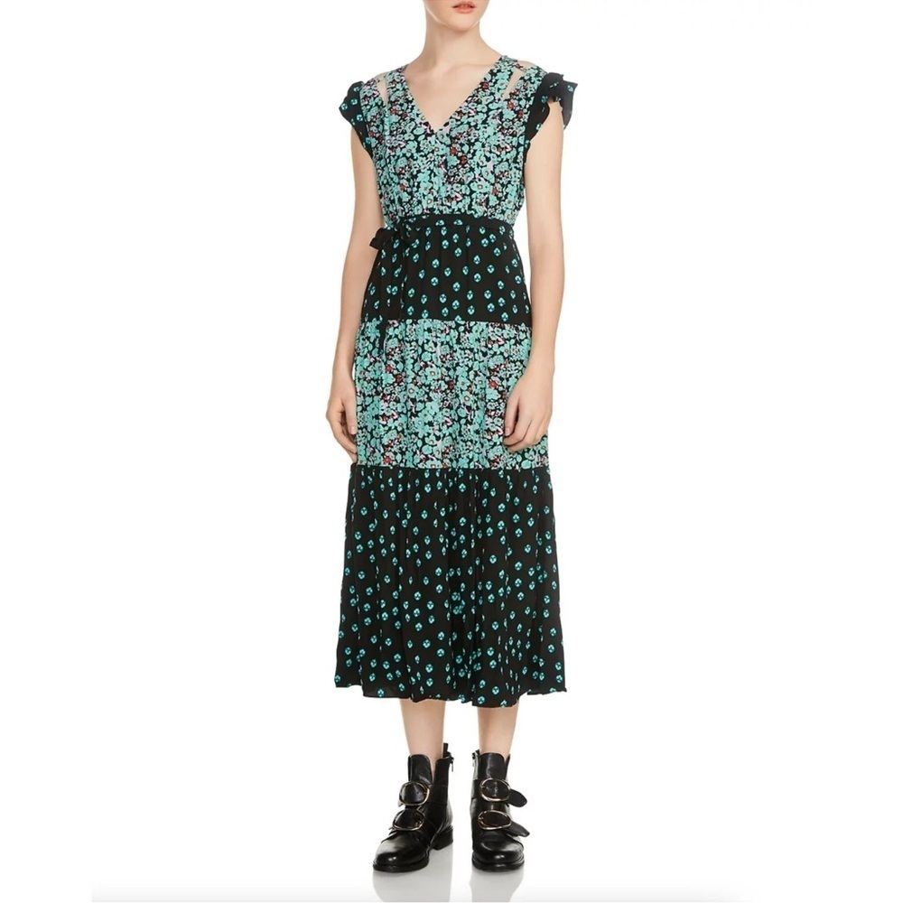 MAJE Renoli Mixed Floral-Print Midi Dress Turquoise Aqua Black